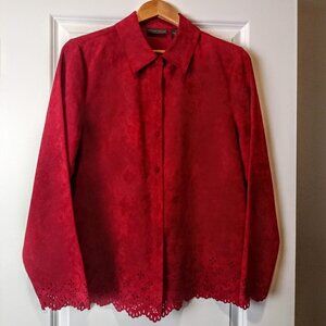 Relativity Red Faux Suede Floral Cutout Trim Shirt